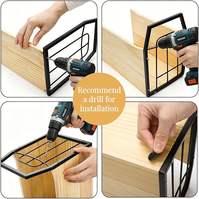 Wood Magazine Holder, Rustic Magazine Storage Rack Floor, Decorative File Book Organizer Basket for Desktop, Newspaper, Mails, Files (Recommend Drill Installation)