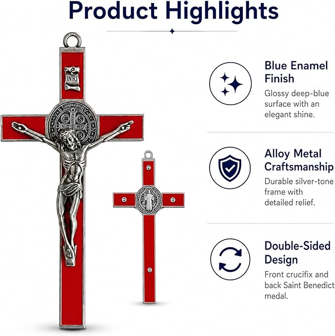 TALPGOD St Benedict Crucifix Silver Red 7.2 Inch,Crucifix Wall Cross for Catholic Decor,Jesus Christ Hanging Cross Wall Art Decor,Escapularios Catolicos,Saint Benedict Medal for Home Decoration