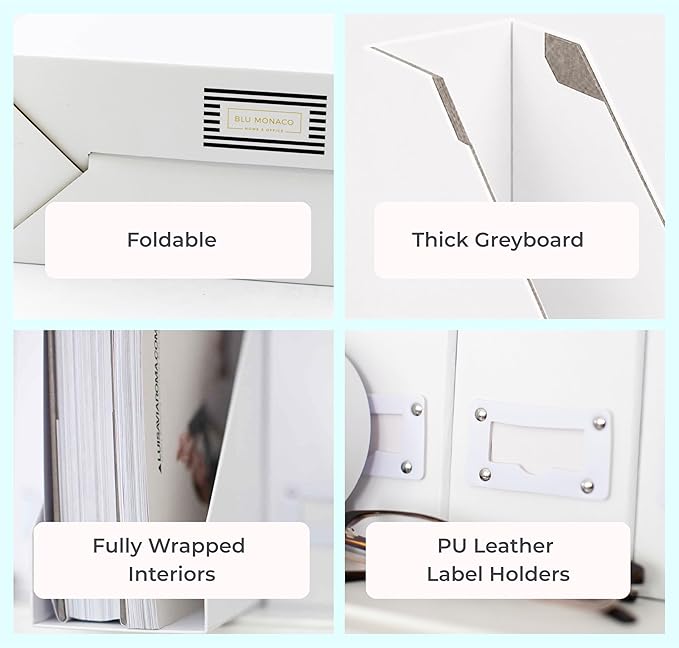 BLU MONACO Set of 6 Foldable White Magazine File Holders | Vertical Desk File Organizer Boxes With Leather Label Holders | Stylish Cardboard Magazine Storage for Shelves, Workspace and Home Office