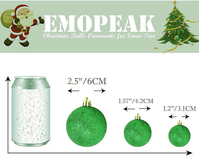 Emopeak 24Pcs Christmas Balls Ornaments for Xmas Christmas Tree - 4 Style Shatterproof Christmas Tree Decorations Hanging Ball for Holiday Wedding Party Decoration (Grass Green, 2.4"/6.2CM)