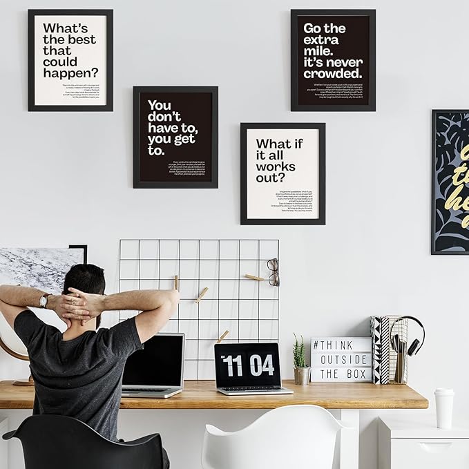 DSHFG Motivational Office Wall Art Decor Prints Set of 4, Black Motivational Wall Decor Retro Posters Prints for Office Home Decor, 8x10 Unframed