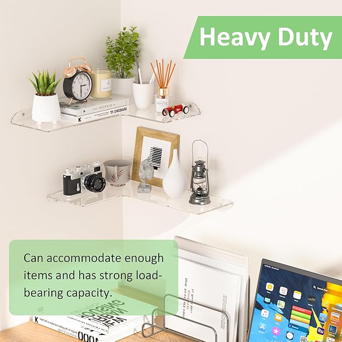 Sezanrpt 11.4x16 Inch Acrylic Corner Floating Shelf Set of 2, White Corner Wall Shelf for Home Décor, Speakers, Security Cameras, Toileries, Plants, Figures, Cosmetics, Books
