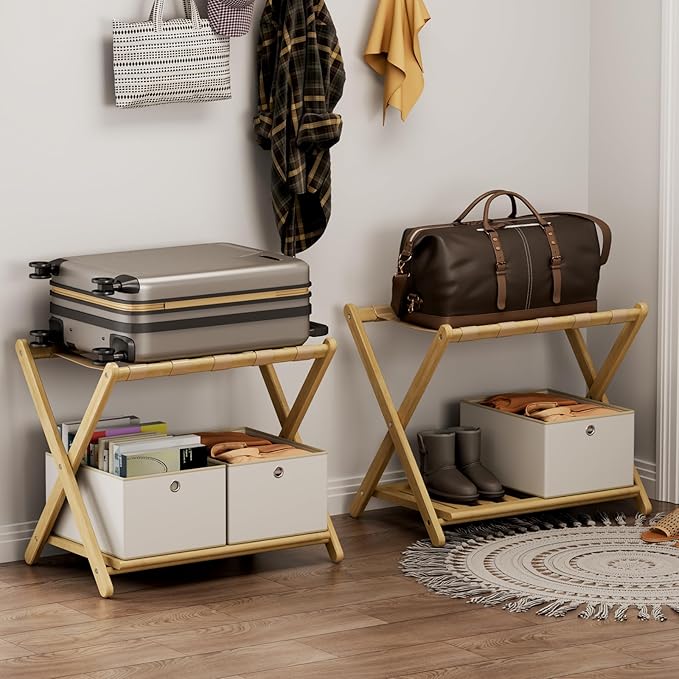 Fully Assembled Luggage Racks Pack of 2 with 4 Storage Boxes, Bamboo 26.77" Folding Luggage Stand for Guest Room, 5 Nylon Straps, Suitcase Stand with Storage Shelf for Bedroom Hotel, Natural