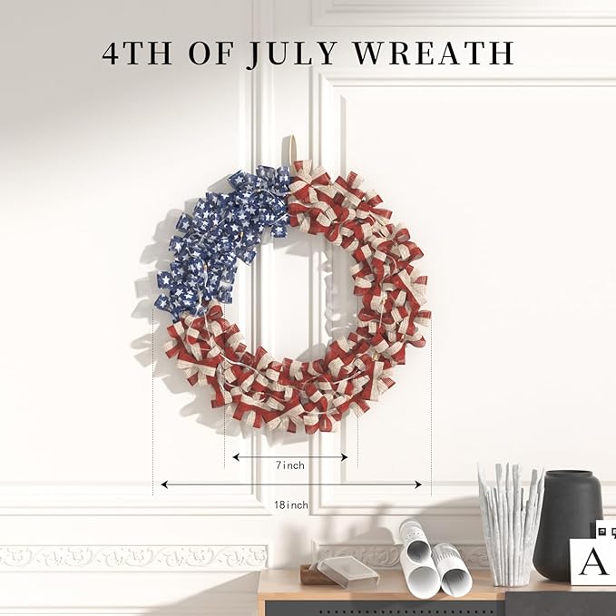 Patriotic Wreath 18 Inch American Flag Wreath for Front Door, Burlap Red White and Blue Decor with Stars Stripes and Timer-Equipped Light Strip for 4th of July Memorial Day Veterans Day