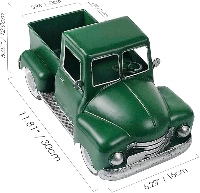 Farmhouse Green Truck Decor, Metal Pickup Trucks Planter, Vintage Old Truck Desktop Storage Car Model for Home Indoor and Outdoor Table Center Decor