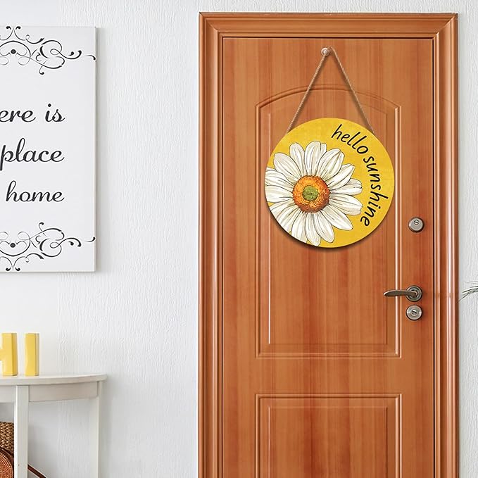 Spring Summer Daisy Flower Front Door Sign Hello Sunshine Floral Wood Door Hanger Outdoor Outside Porch Decor Seasonal Wooden Wreath Farmhouse Indoor Wall Hanging Decoration for House 12"x12"