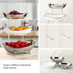 jessie 3 Tier Ceramic Fruit Bowls for Kitchen Counter with Metal Rack, Fruit Basket with Stand, Porcelain Bowls for Fruit Vegetable Bread Candy Snack Nuts (Silver and White Bowl-Silver Rack 3 Layer)