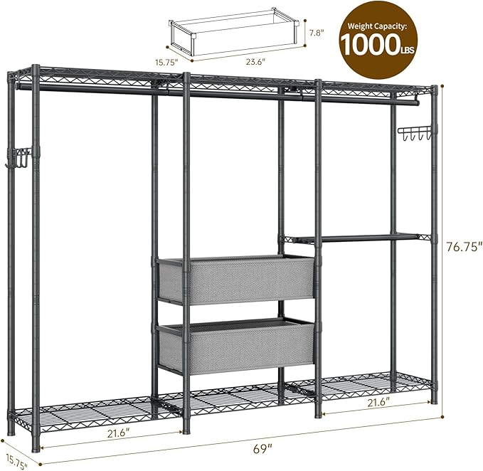 Coat Rack Clothes Wardrobe：Closet Organizer and Storage Clothing Garment Rack with Shelves Heavy Duty for Hanging Clothes Portable Adjustable Black 15.8" DX69 WX76.75 H