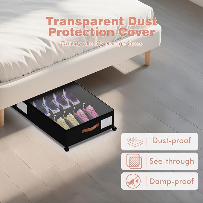Under Bed Storage with Wheels - Rolling Underbed Containers with PVC Clear Lid & Dividers, 600D Oxford Fabric, PU Leather Handles, Adjustable Magic Tape Partition, XXL 66L (1, Black)