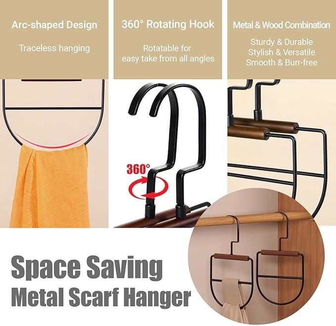 4 Pcs Metal Scarf Hanger Organizer for Closet - Rotatable Space Saving Scarf Holder Rack for Belt Scarves Clothing Sorting Storing