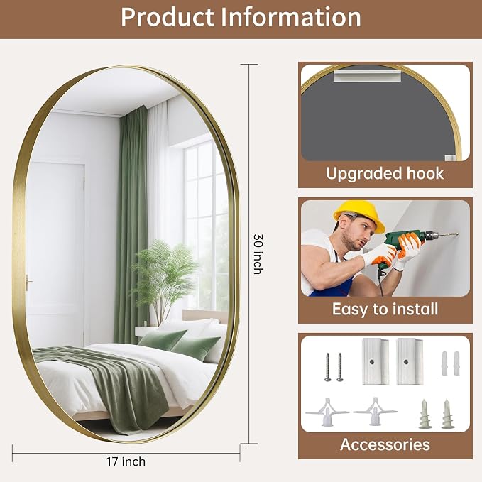 Gold Oval Mirror, 17"x30" Oval Bathroom Mirror, Brushed Gold Mirror with Aluminium Alloy Frame, Anti-Rust, Tempered Glass