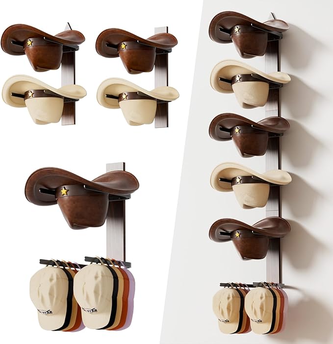 Cowboy Hat Rack for Wall, Cowboy Hat Holder Wall Mount Holds up to 6 Hats, Wooden Western Rustic Metal Hat-Organizer with Arrow Sign Board, Display and Decor Rack for Fedora, Sun Hats,Baseball Caps