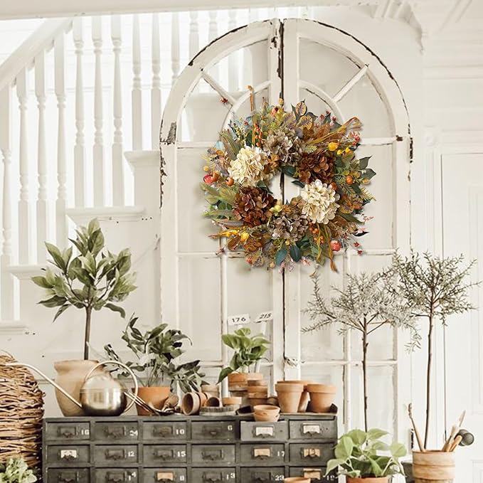 WANNA-CUL 24 Inch Fall Spring Wreaths for Front Door with Hydrangea,Little Pumpkins-Fall Decorations for Home,Fall Door Wreath Decor for Summer,Autumn,Harvest, Halloween or Thanksgiving