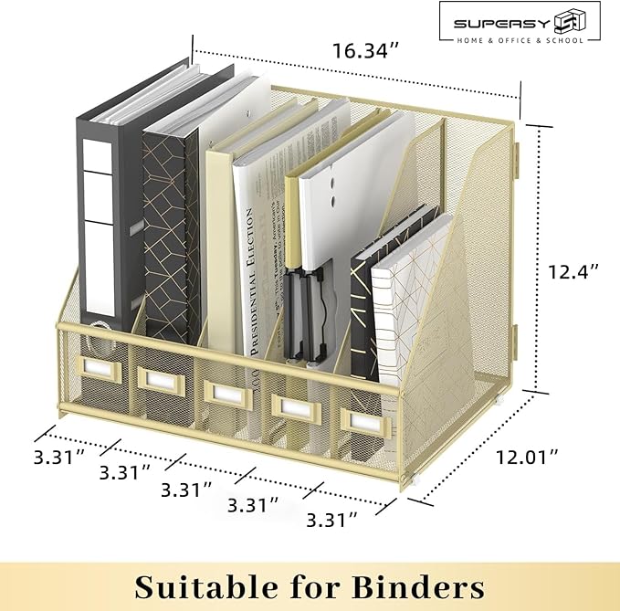SUPEASY Desk Organizers Metal Desk Magazine File Holder with 5 Vertical Compartments Rack File Organizer for Office Desktop, Classroom, Home Workspace, Golden Yellow, Plus