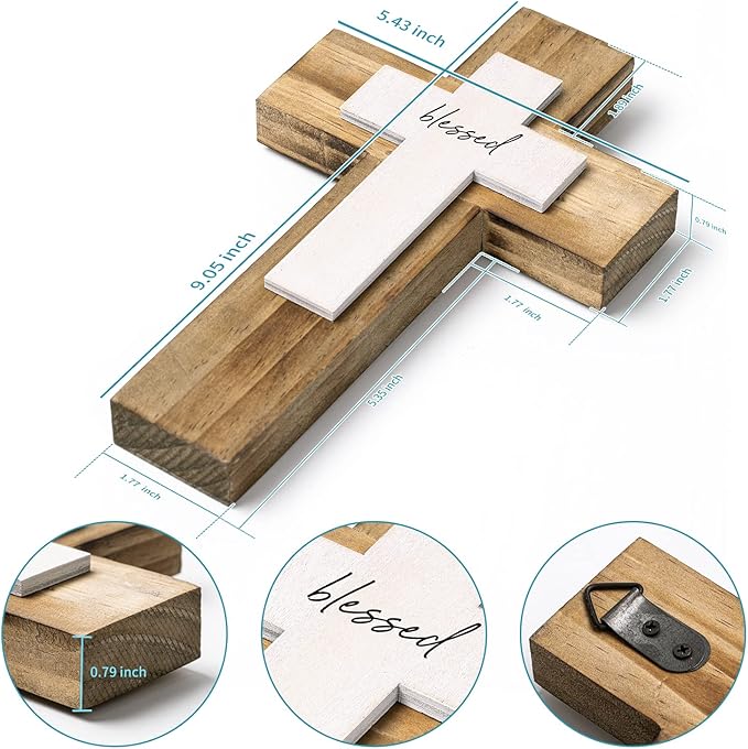 OKSQW Wall Wooden Cross Christians Crosses Spiritual Religious Cross With Hook Christmas Wall Hanging Handmade Nature Wood Color with Blessed Design for Church Home Room Decor Wood Crucifix Gift