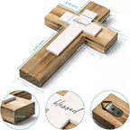 OKSQW Wall Wooden Cross Christians Crosses Spiritual Religious Cross With Hook Christmas Wall Hanging Handmade Nature Wood Color with Blessed Design for Church Home Room Decor Wood Crucifix Gift