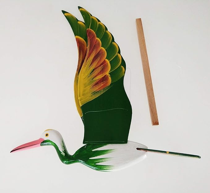 WitnyStore Wooden Bird Mobile 24" Green Crane Stork Hand Made Painted Wood Flapping Wing Birds Hanging Ceiling Decor Wind Chimes Handcrafted Art Animal Decorative Collectibles Décor Gifts Souvenirs