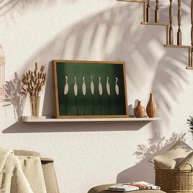 Framed Japanese Cranes Wall Art, Vintage Bird Pictures Wall Decor Paintings, Rustic Nature Animal Canvas Prints Minimalist Green Home Decor for Living Room Bedroom Office 16x24 inch