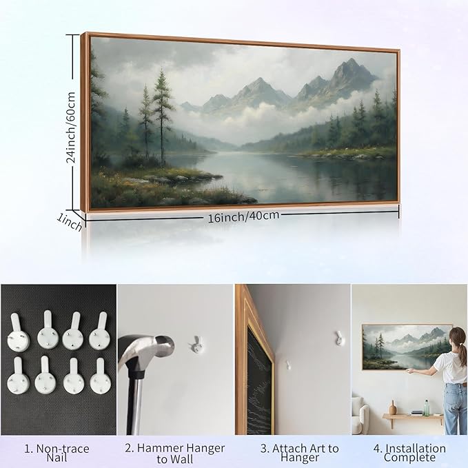 SIGNINART Large Green Forest Framed Canvas Wall Art, Misty Mountain Lake Wall Decor, Modern Foggy Wood Landscape Artwork, Nature Oil Painting Art Print for Living Room, Bedroom, Office 20"x40"