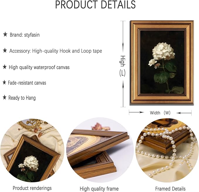 Gold Framed Moody Flower Canvas Wall Art White Hydrangea Living Kitchen painting Decor Pictures Bedroom Vintage Plant Floral Posters Prints for Corridor Classroom Bedroom Woman Room Decoration