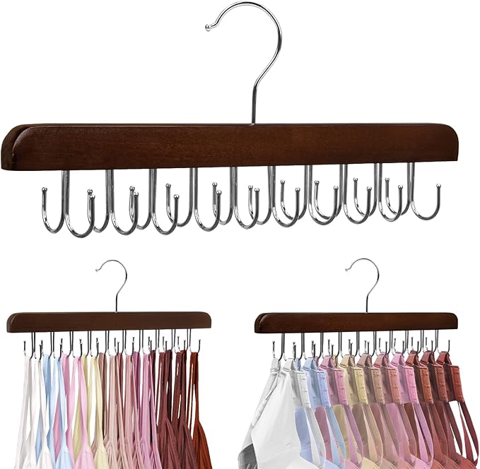 HOUSE DAY Belt Hanger for Closet 1 Pack, 20 Hooks Bra/Tie/Tank Top Hanger, Space Saving Hangers Storage Max 20 Belts/Ties, Sturdy Wooden Belt Rack Closet Accessories