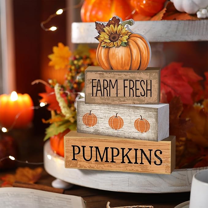 Lineshading 4 Pcs Fall Pumpkin Decor Fall Table Decoration Thanksgiving Tiered Tray Decor Thanksgiving Centerpiece Rustic Decorative Pumpkin Block Signs Farmhouse Harvest Decoration for Home Kitchen