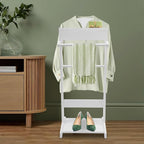 Wood Suit Rack for Men and Women, Freestanding Clothing Valet Stand with Drawer, Shoe Shelf and Hanging Suit, Valet Stands Coat Rack Suit Valet for Entryway Office Living Room (White)
