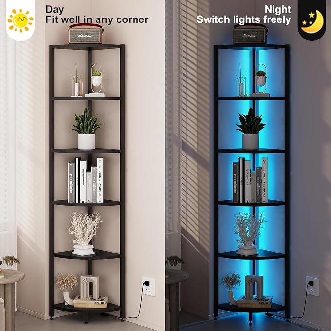 6-Tier Corner Shelf with LED Lights - 65" Tall Narrow Bookshelf, Standing Shelf with Storage Rack, Sturdy Metal Frame & Waterproof Shelves, Rustic Brown, for Living Room/Bedroom/Bathroom