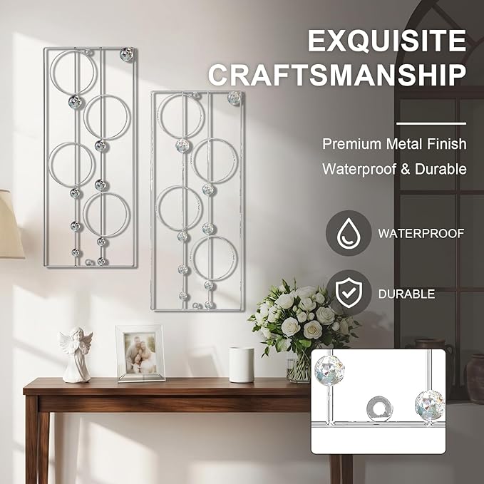 ZEXUIRU 2 Pcs. Abstract Metal Art for Wall Decor Living Room Bedroom Bathroom Office Metal Bling Modern Geometric Hanging Vertical Small Iron Sculpture Plaque Pack -Silver 24in