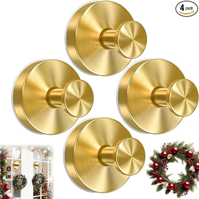 4 Pack Suction Cup Wreath Hanger, New No Drill Suction Cup Hooks for Door Wreaths, Reusable Holder for Glass Window, Door, Fall, Halloween, Christmas, Welcome Sign(Gold)