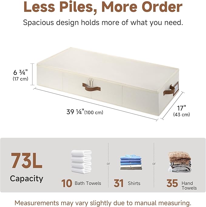 StorageWorks Underbed Storage Containers with Lids, 2-Pack 7" XL Under Bed Organizers for Clothes, Bedding and Sweaters, 73L Low Profile Fabric Storage Bins, Foldable Space Saving, Beige