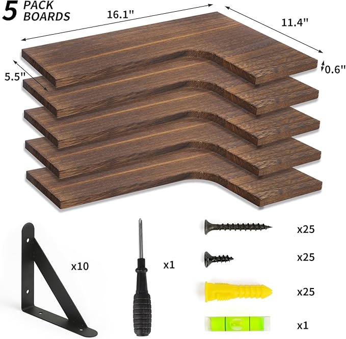 Fixwal Corner Floating Shelves for Wall Set of 5, Rustic Wood Wall Mounted Shelf for Bathroom, Kitchen, Bedroom, Home Decor, Laundry Room, Living Room (Dark Carbonized Black)