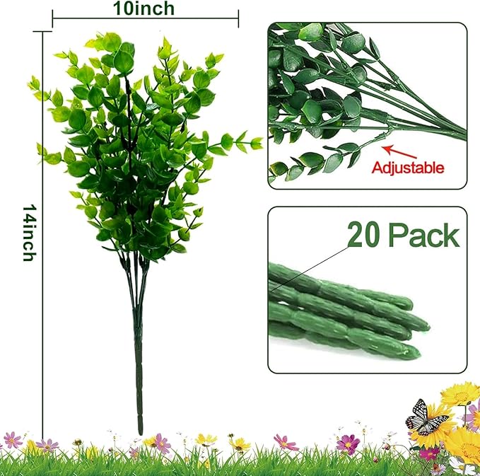 TURNMEON 20 Bundles Artificial Greenery Plants Outdoor Spring Decor, UV Resistant Fake Plants Boxwood Shrubs Grass, Faux Eucalyptus Flowers for Farmhouse Gardens Home Patio Indoor Outdoor Decor(Green)