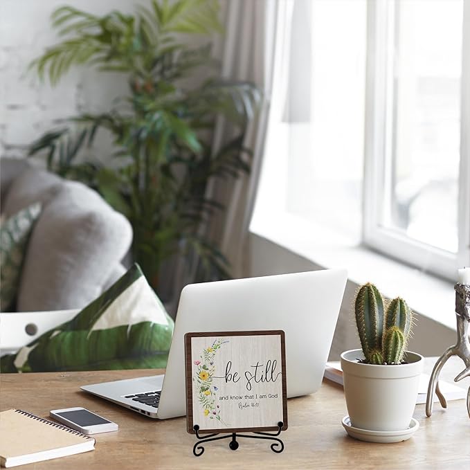 Inspirational Christian Desk Decor, Be Still And Know That I Am God Rutsic Sign, Desk Decorations For Office Home Living Room Bathroom, Eucalyptus Shelf Decor, Wooden Plaque With Stand (04)