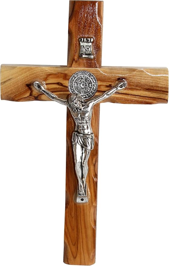 Holy Land Market Saint Benedict Wall Crucifix - Handmade Silver Tone Corpus, 6 Inch Wall Cross, St. Benedict Decor