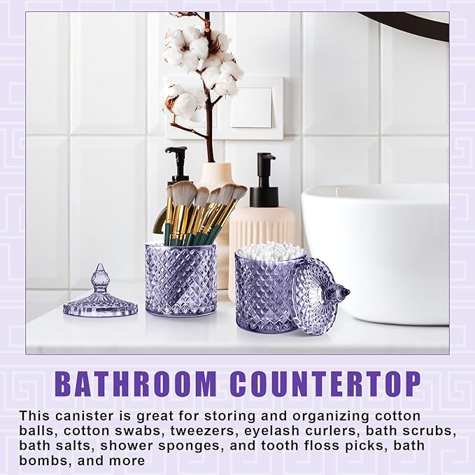 Aoriher 4 Pcs Crystal Glass Candy Jar Set with Lids Home Decorative Storage Jars for Apothecary, Bathroom, Kitchen, and Pantry, Ideal for Cotton Swabs and Jewelry(Medium,Light Purple)