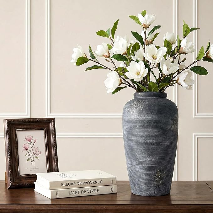 Rustic Distressed Ceramic Threaded Vase, 11"H Handmade Wabi Sabi Decor Vase (Deep Charcoal with Light Gray Weathering and Wheat Beige Patches) for Living Room Table Centerpieces, Entryway & Fireplace