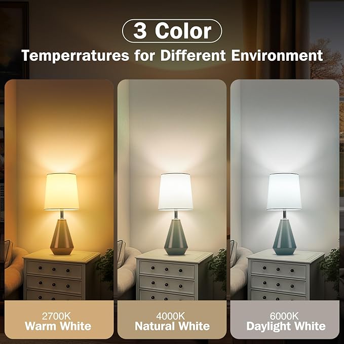 Small Bedside Table Lamp for Bedroom-Reading Desk Lamp Set of 2,with 3 Color Temperatures,15.5" Nightstand Ceramic Lamp with Fabric Shade for Kids Room,Living Room,Dorm,Home Office (Green+White )
