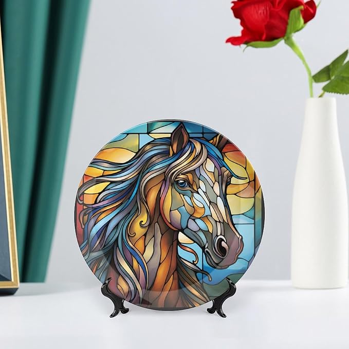 Decorative Plates, Horse Abstract Stained Glass Painting Ceramic Dinner Plate Home Wobble-Plate with Display Stand, Wall Hanging Decor for Dining Room Kitchen Household 7 Inch, Gifts for Horse Lover