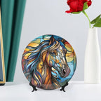 Decorative Plates, Horse Abstract Stained Glass Painting Ceramic Dinner Plate Home Wobble-Plate with Display Stand, Wall Hanging Decor for Dining Room Kitchen Household 7 Inch, Gifts for Horse Lover