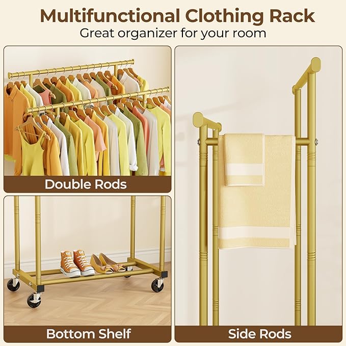 Double Rods Clothes Rack, Sturdy Rolling Clothing Rack, Portable Clothing Racks for Hanging Clothes - Metal Garment Rack Wardrobe Coat Rack for Bedroom Laundry Living Room, Gold