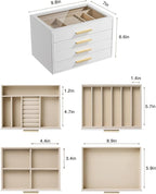 pickpiff Jewelry Box Organizer Case for Women: 4-Layer Jewelry Storage Case with Glass Window, Pure White Leather with Velvet Holder for Ring Necklace Bracelet Brooch Watch, Great Gift for Her