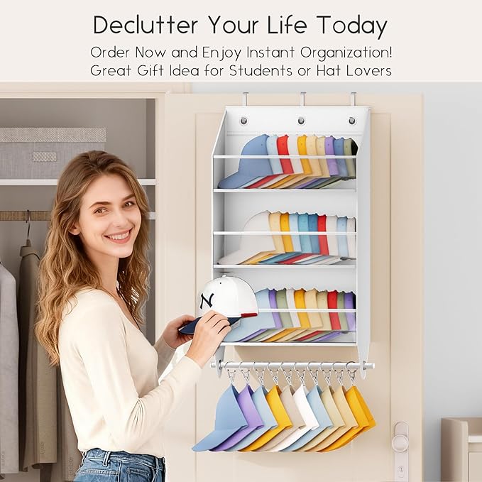 Over the Door Hat Rack - 3-Layer Design Hat Organizer Holds 30-36 Hats with 10 Hooks, Ideal Hat Rack for Door, Over the Door Organizer for Closet, Apartment, Bedroom, Dorm, 1 Pack, White