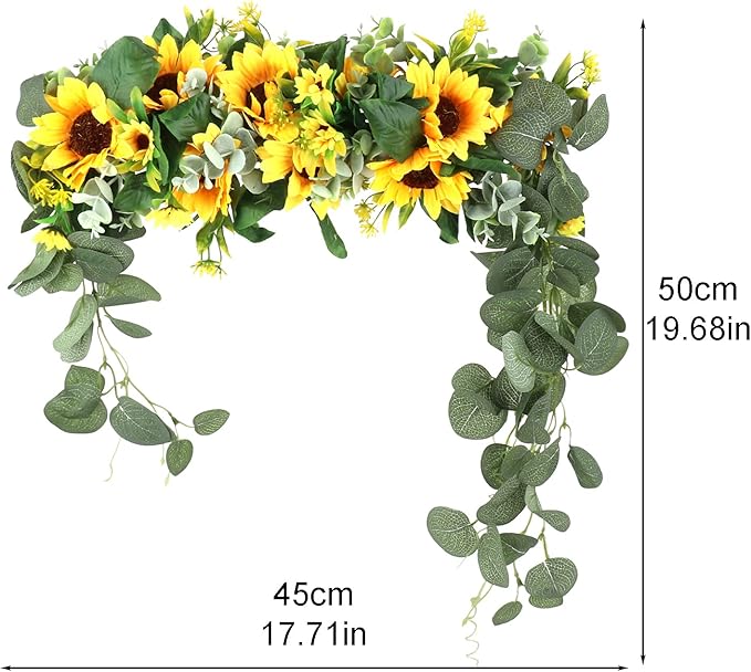 Artificial Sunflower Swag, 17.7inch Decorative Flower Swag Wedding Arch Decor, Fake Flower Wreath Sunflower Swag Garland, Green Leaves Hanging Ornament Floral Swag Door Swag for Wedding Home(Yellow)
