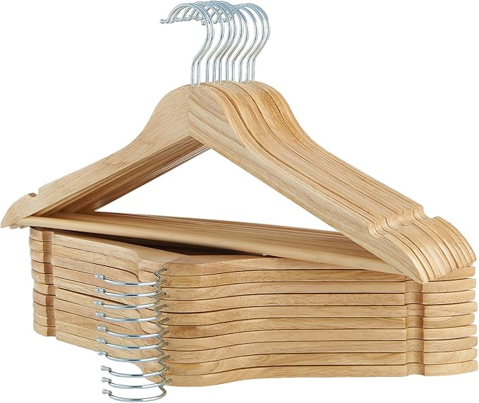 ELONG HOME Solid Wooden Hangers 20 Pack, Wood Suit Hangers with Extra Smooth Finish, Precisely Cut Notches and Chrome Swivel Hook, Clothes Hangers for Shirt Coat Jacket Dress, Natural