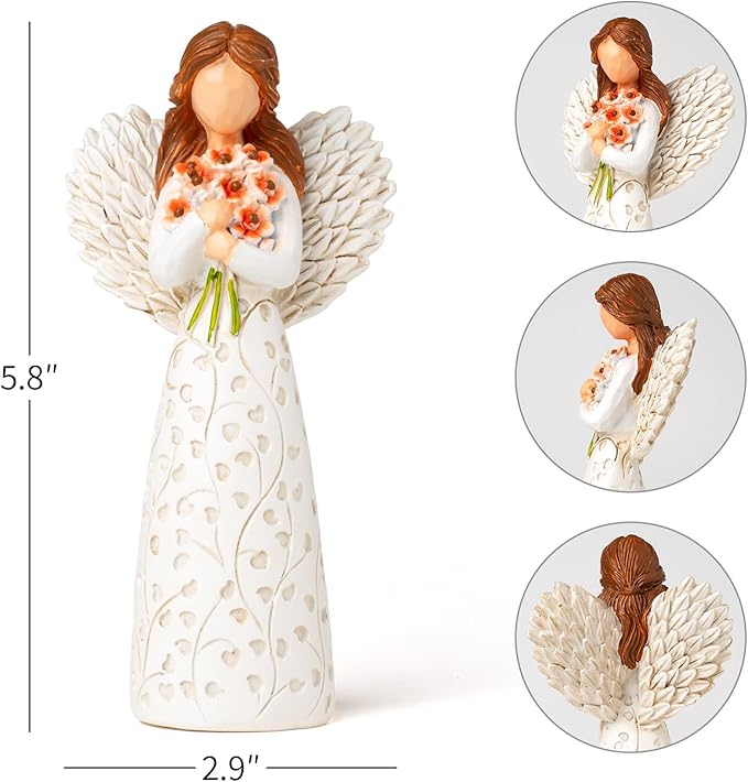 Hand-Painted Angel Figurine with Red Poppy, Remembrance Symbol & Tree of Life Design - Meaningful Gift for Memorial, Hope & Renewal. Angel Statue with Leaf Pattern Dress