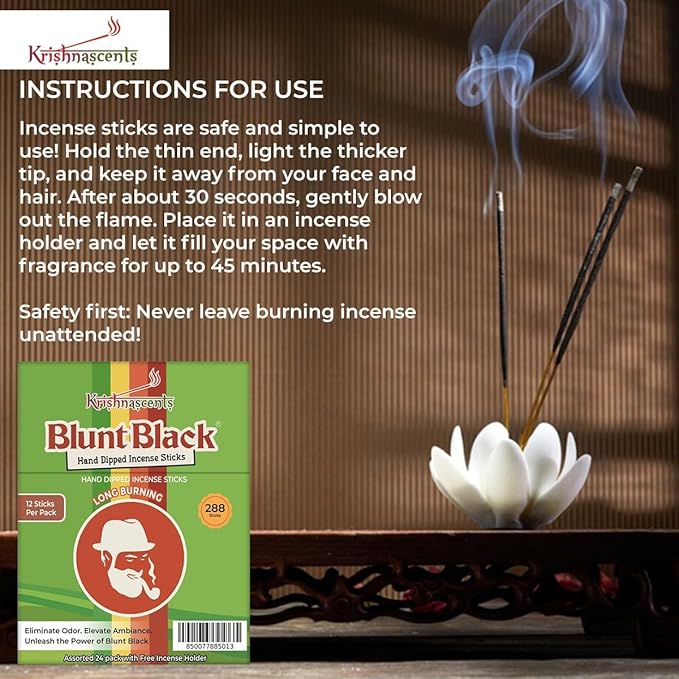 Blunt Black Hand-Dipped Incense Sticks | Premium 24 Assorted Packs - 288 Sticks, 11" Long | Aromatherapy with Long Burn Time | Free Wooden Stick Holder (Scents May Vary)