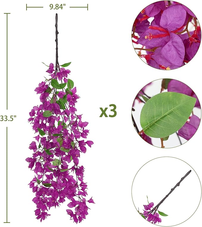 33.5" Bougainvillea Artificial Flowers Fake Purple Flowers, UV Resistant Long Sprays Artificial Bougainvillea Flowers for Indoor & Outdoor Decor, 3PCS Faux Hanging Flower for Home Room Wedding Porch