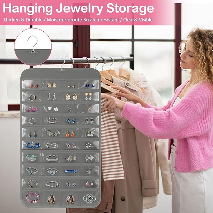 3 Pack Hanging Jewelry Organizer, 80 Clear Pockets earring organizer and storage, Accessories holder organizer for Closet, Jewelries, Necklace, Travel