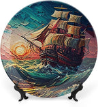 Decorative Plates, Ocean Sailing Ship at Sunset Painting Display Plate for Home Office Kitchen Table Decor Porcelain Plates 10 Inch, Birthday Gifts